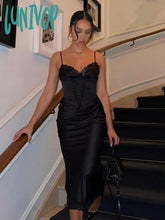 Lunivop Spaghetti Strap Midi Party Dresses Black Satin Sexy Lace Detachable Corset Dress Casual